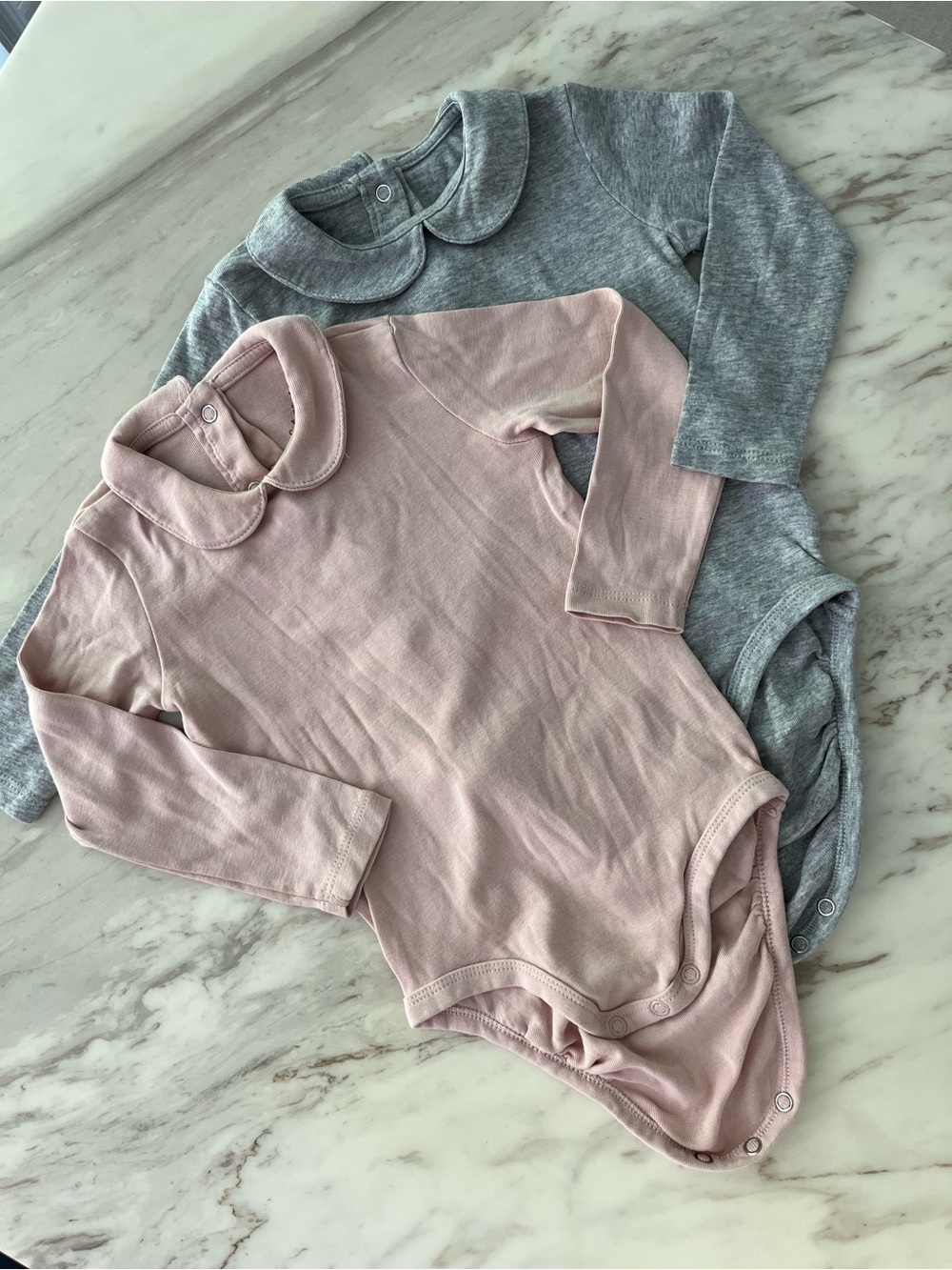 Set of Two Baby Long-Sleeve Peter Pan Collar Bodysuits - Pink & Gray